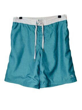 Op Mens Swim Trunks L Aqua Blue White Boardshorts Pockets Surf Swim 36-38